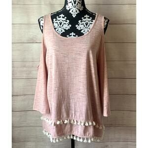 Kori America Light Pink Blouse with Cold Shoulders Tiered Tassels Size M